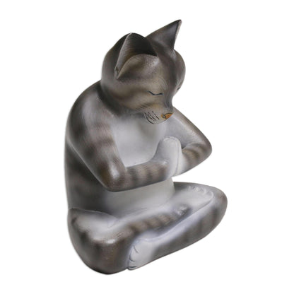 Meditating Kitty in Grey Wood Meditating Cat Sculpture in Grey and White from Bali