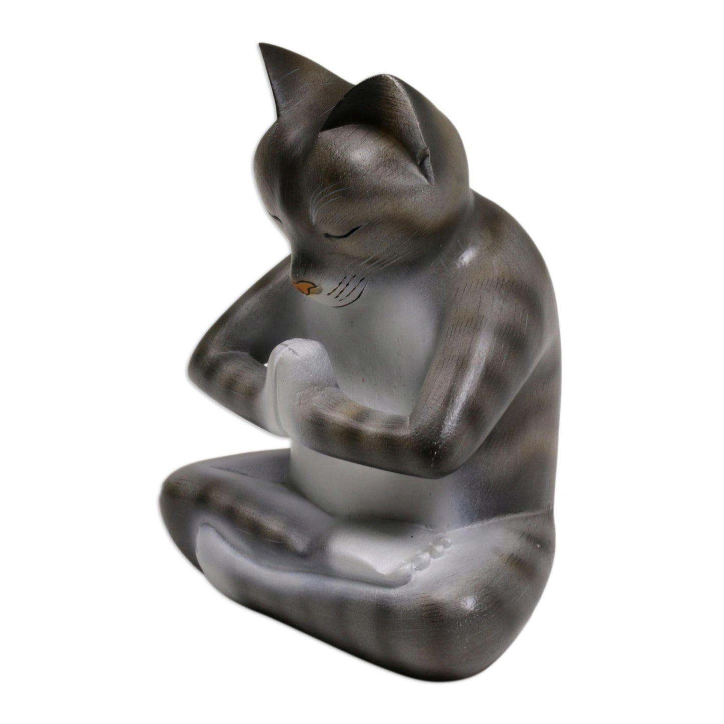 Meditating Kitty in Grey Wood Meditating Cat Sculpture in Grey and White from Bali