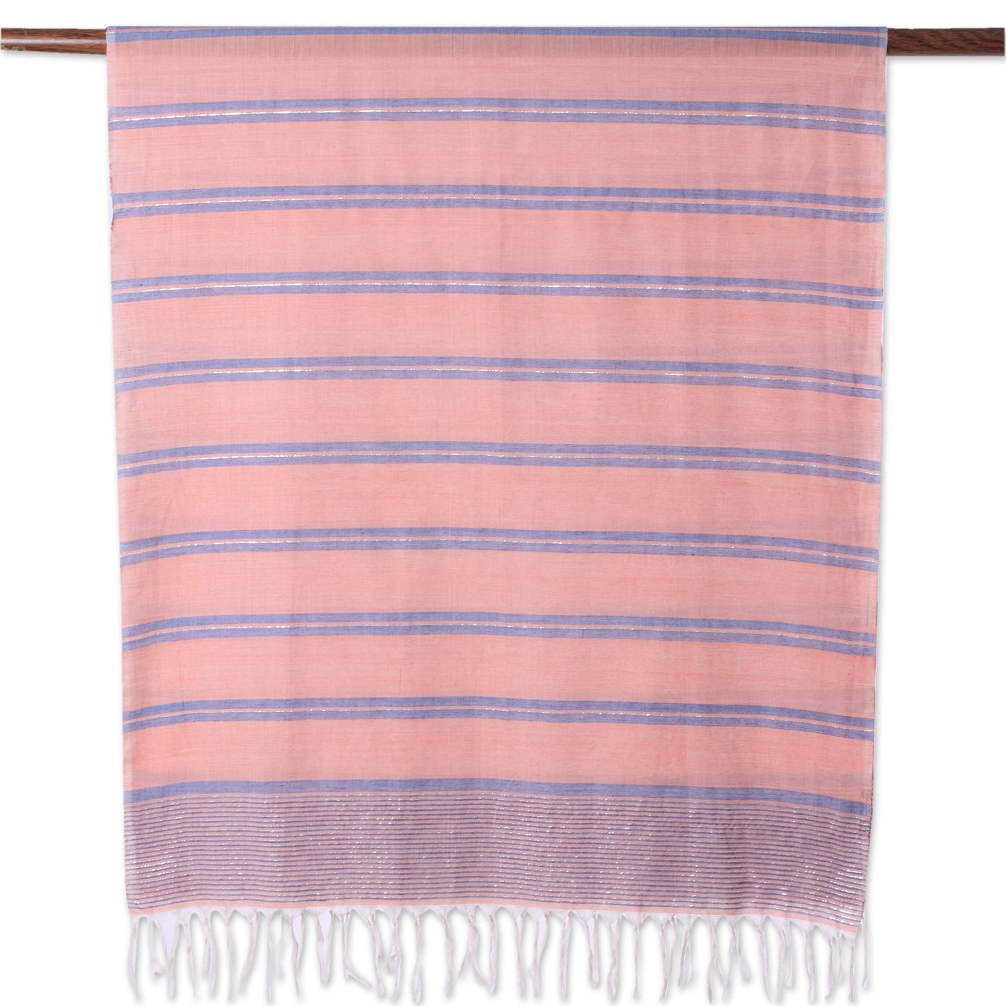 Melon Stripes Hand Woven Peach Cotton Scarf with Blue Stripes from India