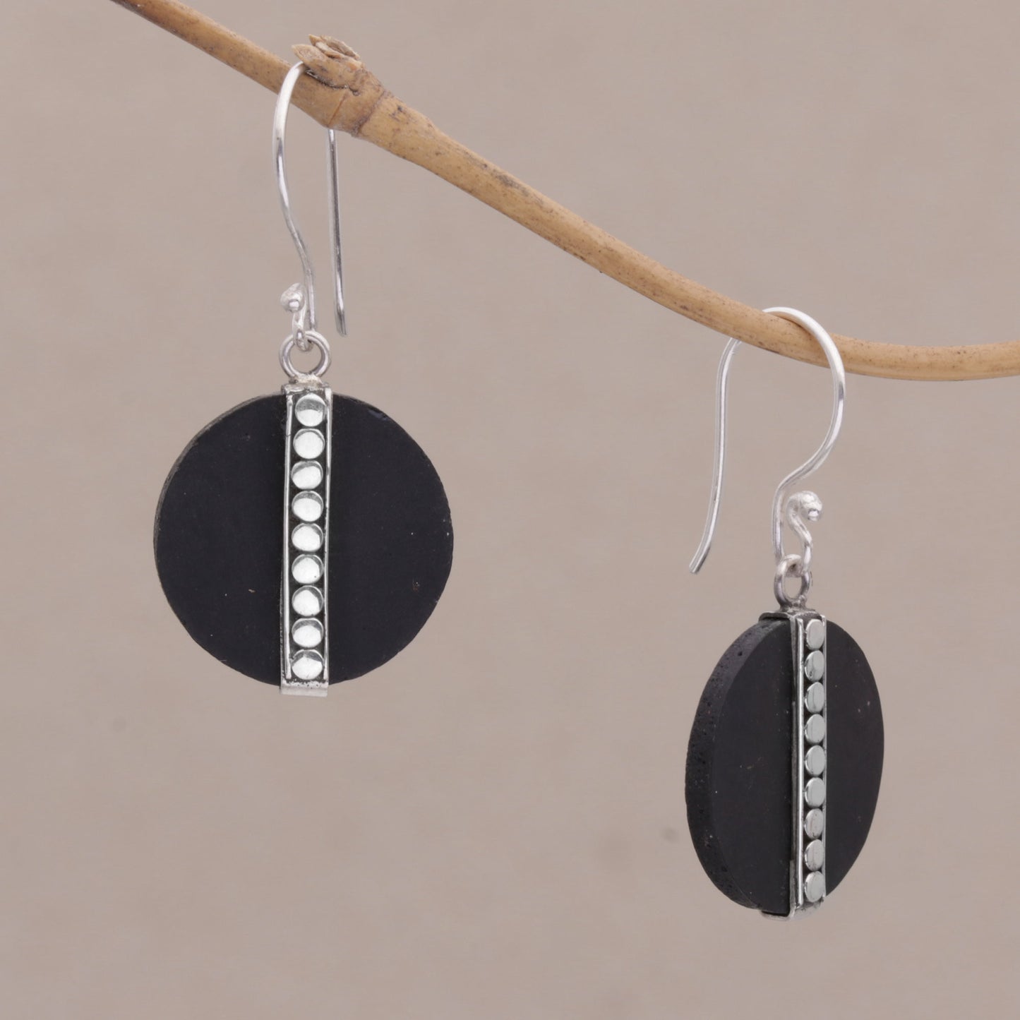 Dotted Discs Dot Motif Lava Stone and Sterling Silver Earrings from Bali