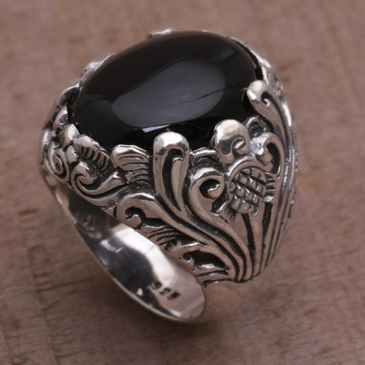 Night Bloom Black Onyx Silver Floral Cocktail Ring