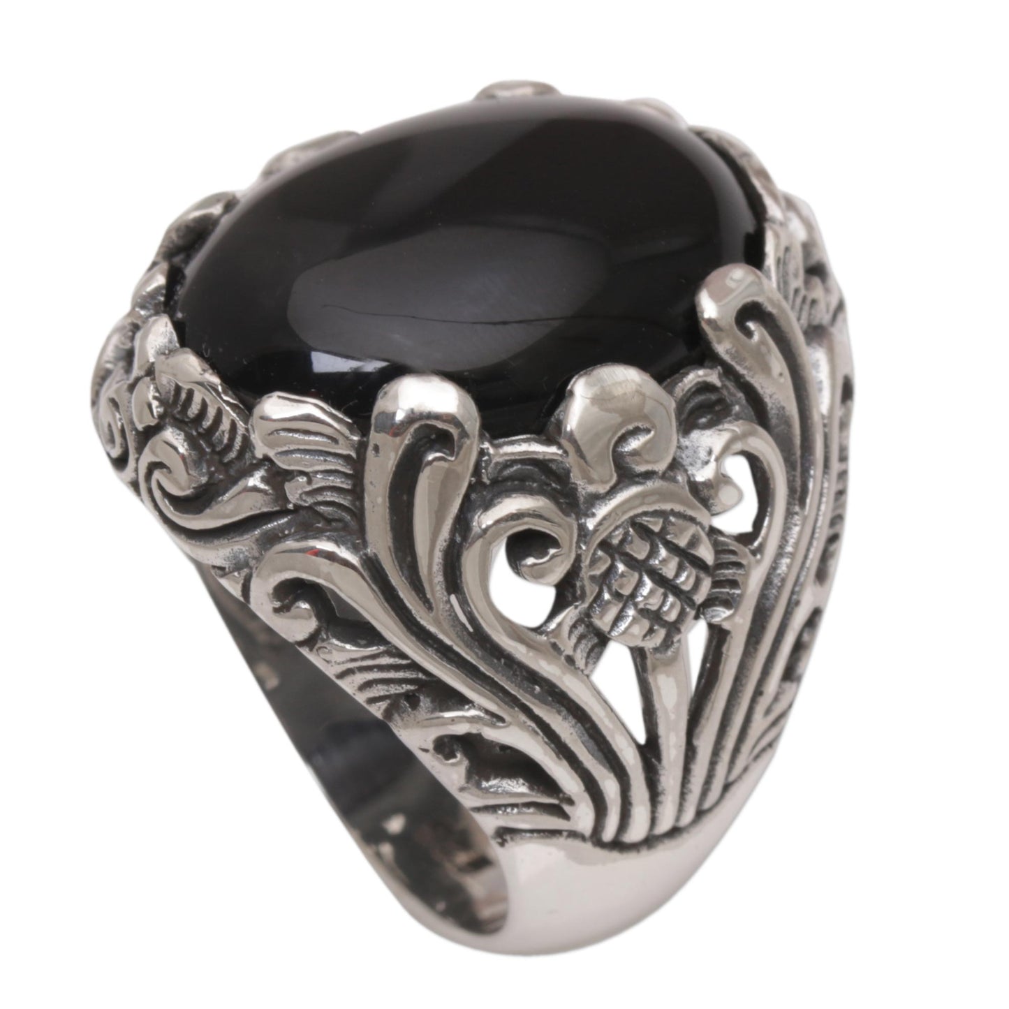 Night Bloom Black Onyx Silver Floral Cocktail Ring