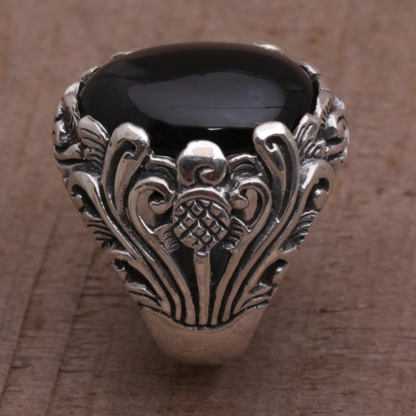 Night Bloom Black Onyx Silver Floral Cocktail Ring