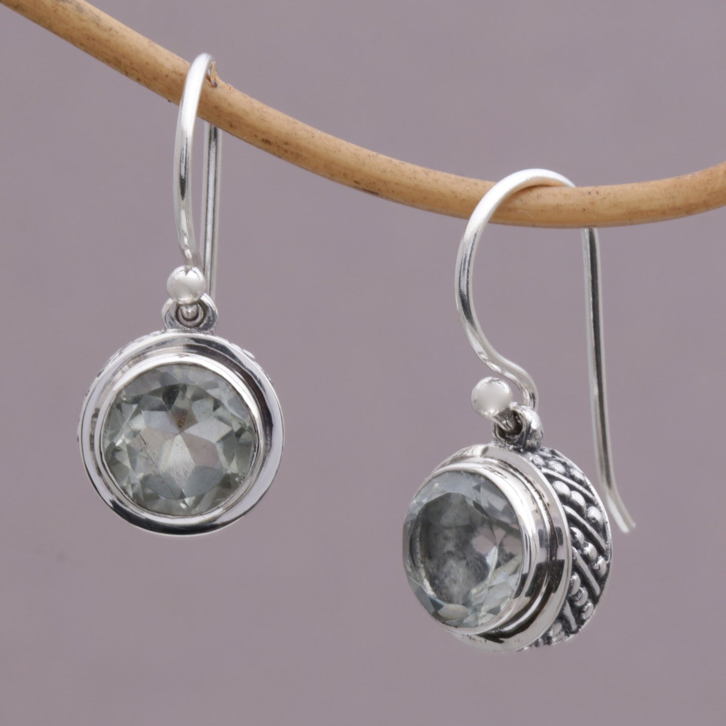 Glittering Glance Circular Prasiolite and Sterling Silver Earrings from Bali