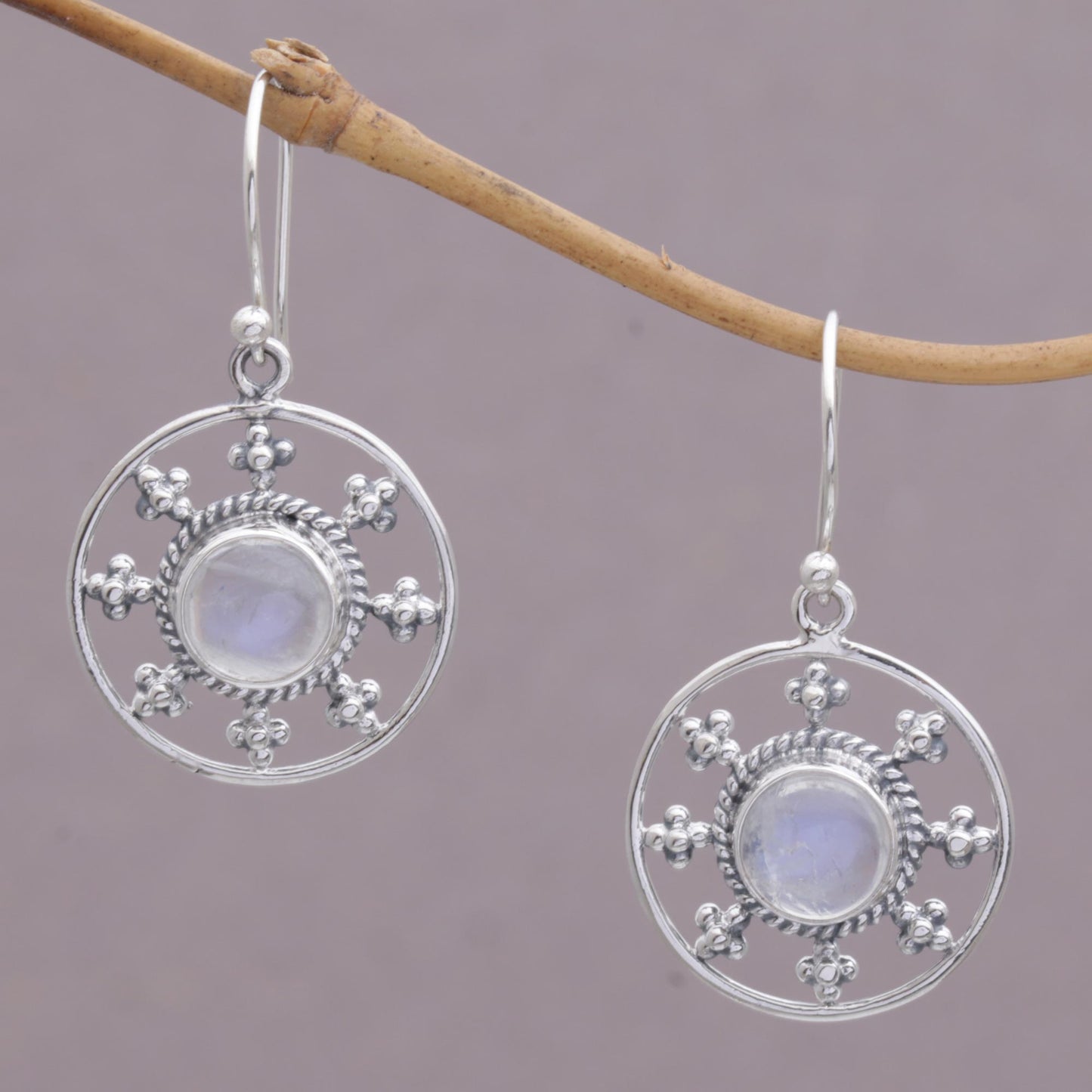 Rainbow Plains Rainbow Moonstone and 925 Silver Circular Earrings from Bali