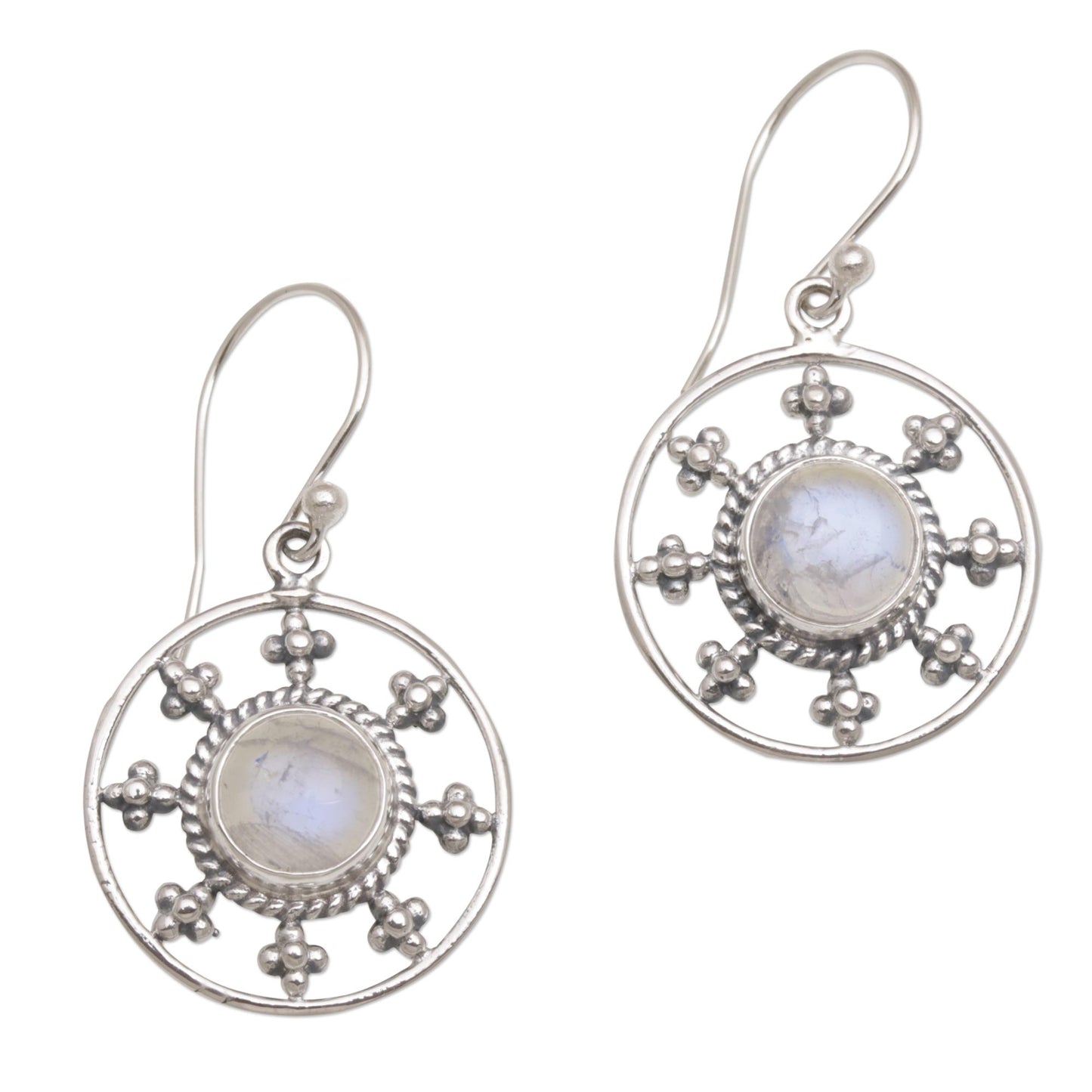 Rainbow Plains Rainbow Moonstone and 925 Silver Circular Earrings from Bali