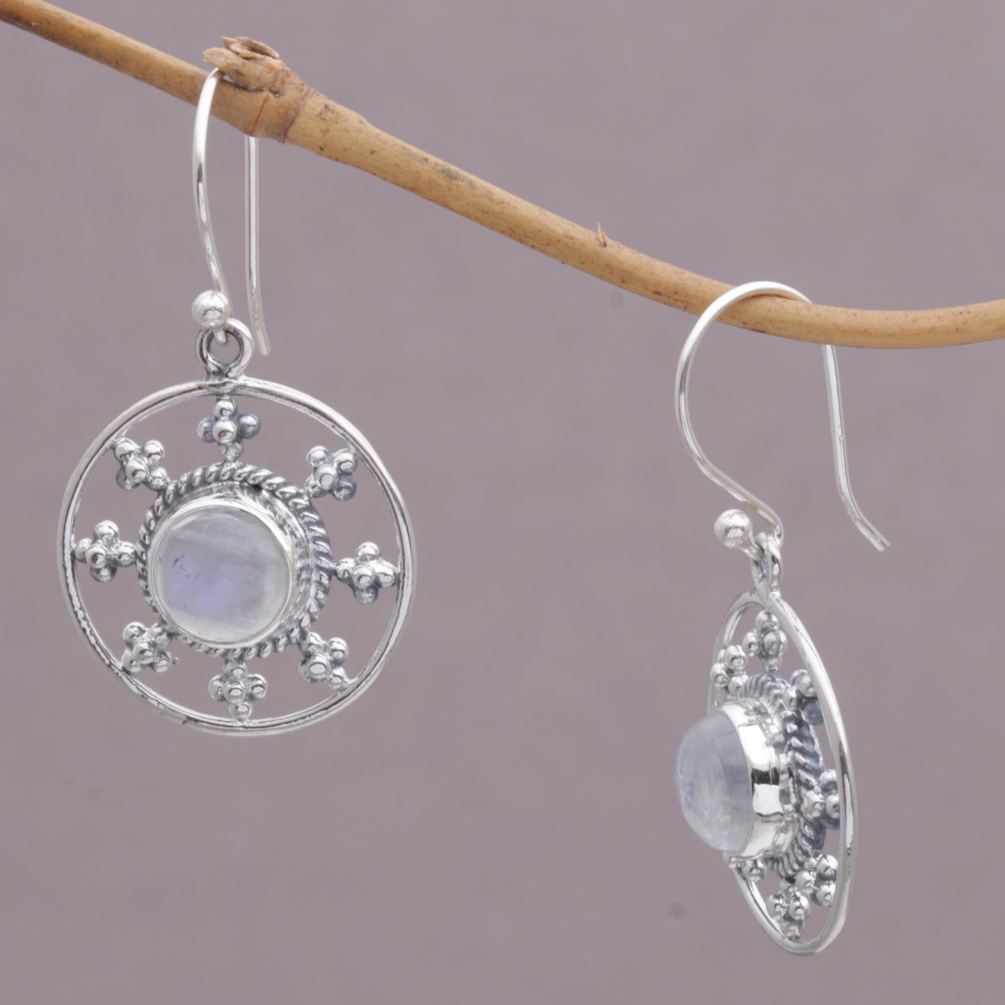 Rainbow Plains Rainbow Moonstone and 925 Silver Circular Earrings from Bali