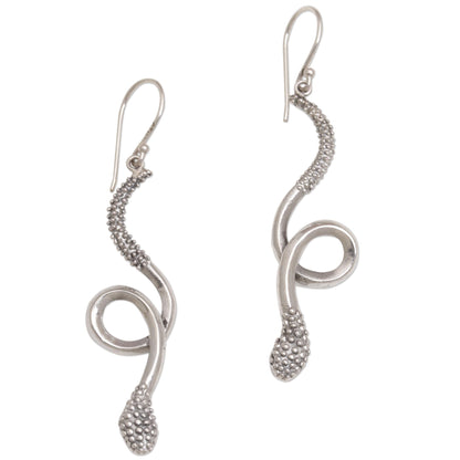 Spectacular Serpent Sterling Silver Snake Earrings with Bun Motifs from Bali