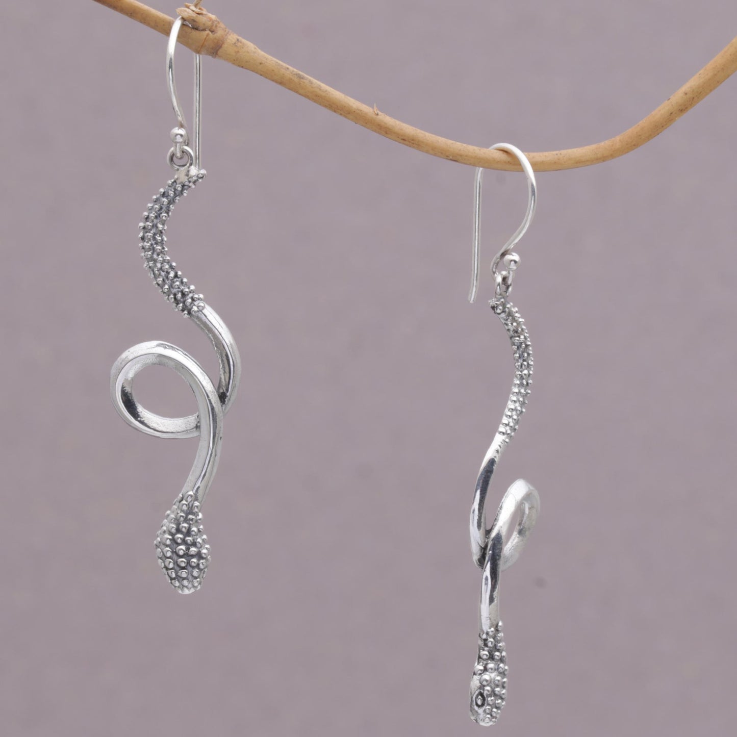 Spectacular Serpent Sterling Silver Snake Earrings with Bun Motifs from Bali