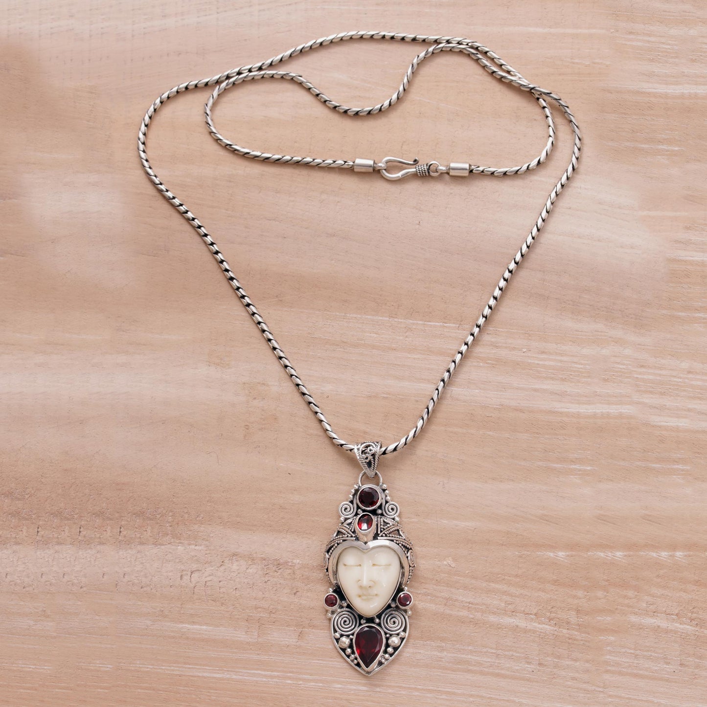 Royal Knight Garnet Silver & Bone Pendant Necklace