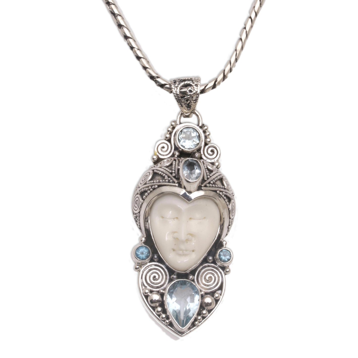 Royal Knight Blue Topaz Silver & Bone Pendant Necklace