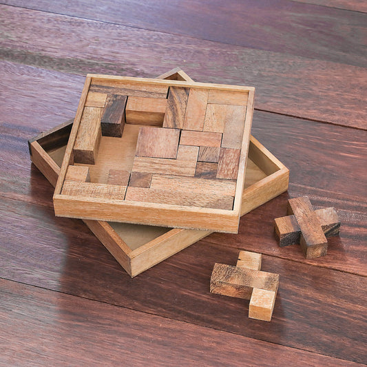 Geometry Game Handcrafted Square Wood Geometric Puzzle from Thailand