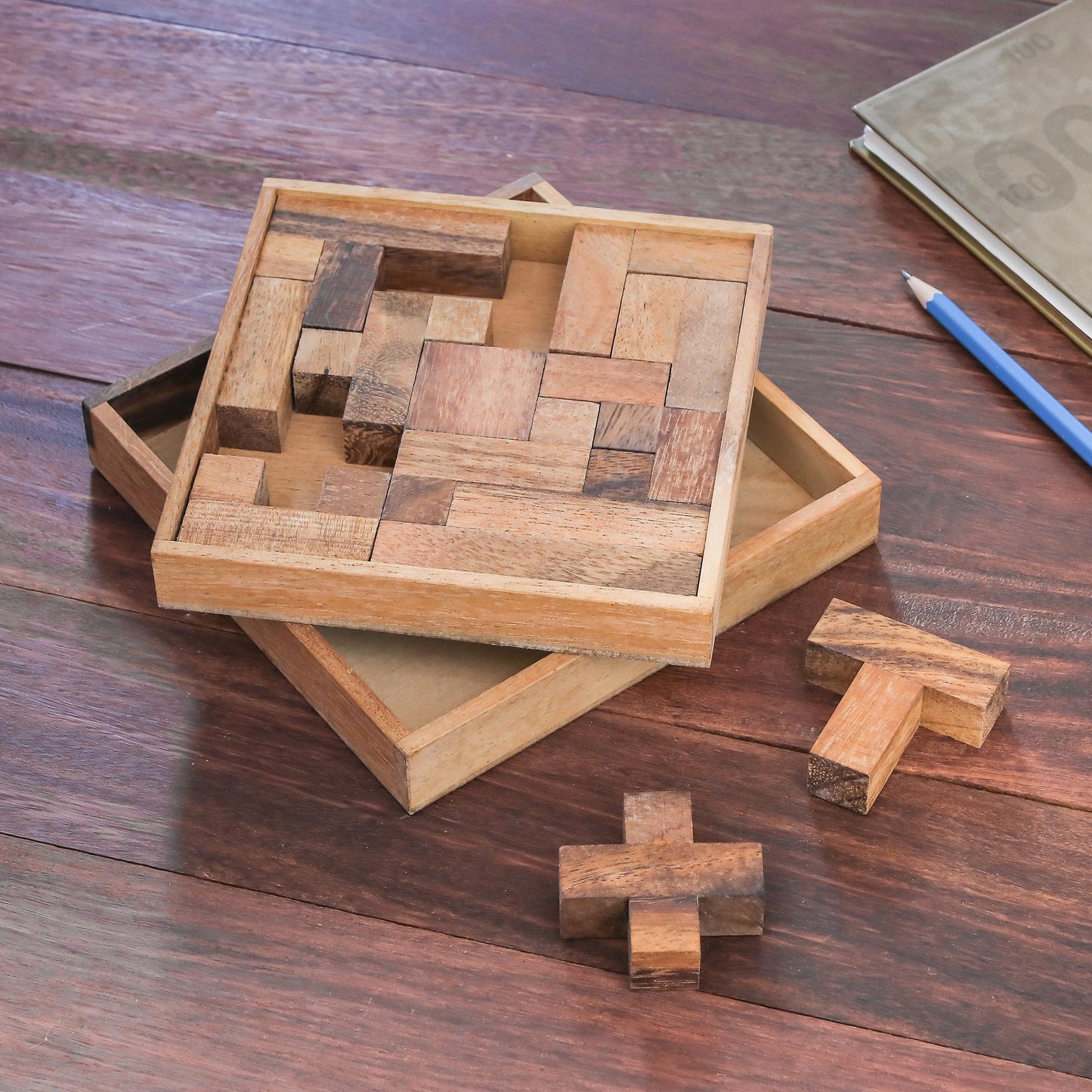 Geometry Game Handcrafted Square Wood Geometric Puzzle from Thailand