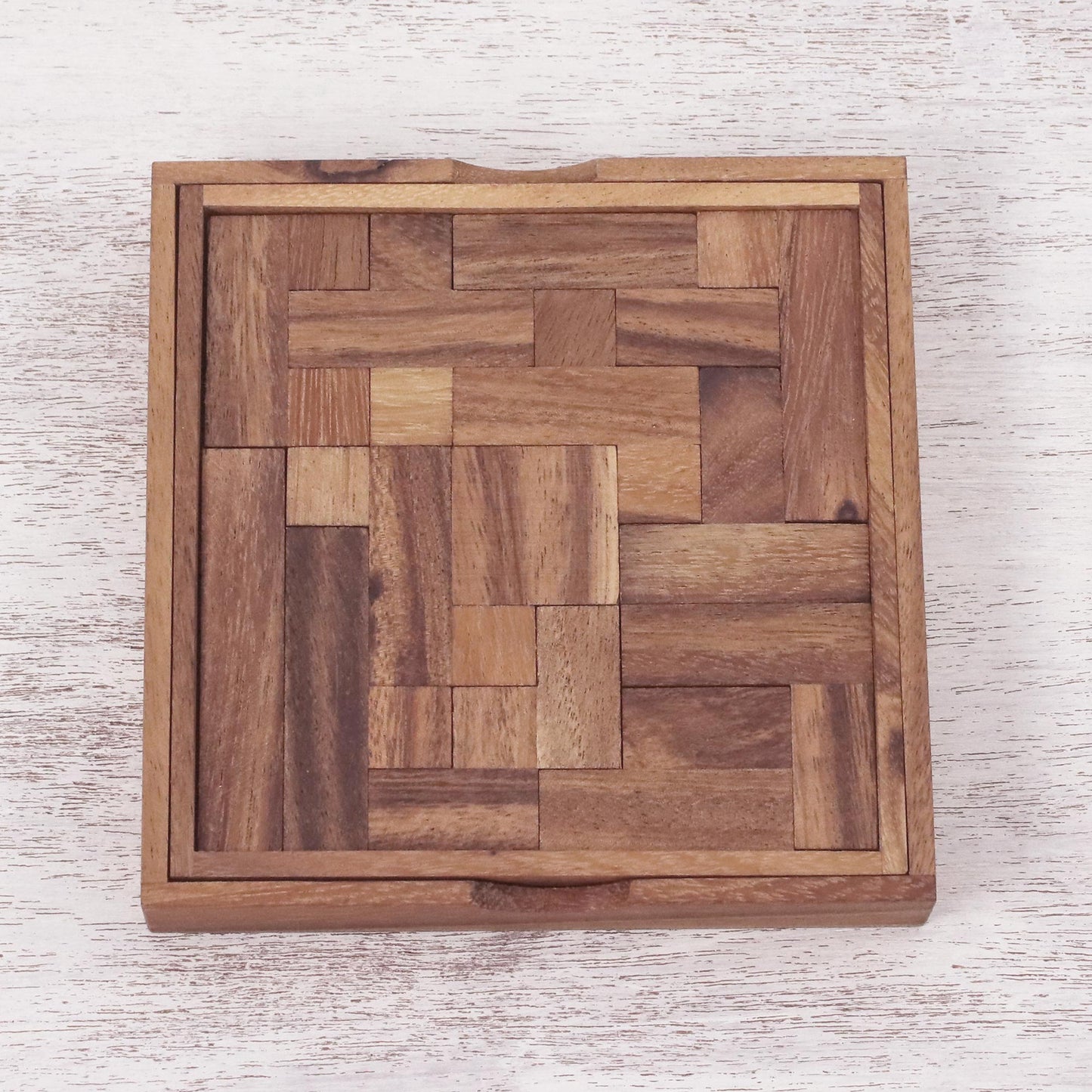 Geometry Game Handcrafted Square Wood Geometric Puzzle from Thailand