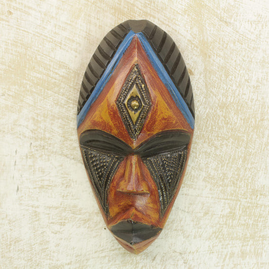 Jabu Hand Carved African Sese Wood Mask with Brass Plate