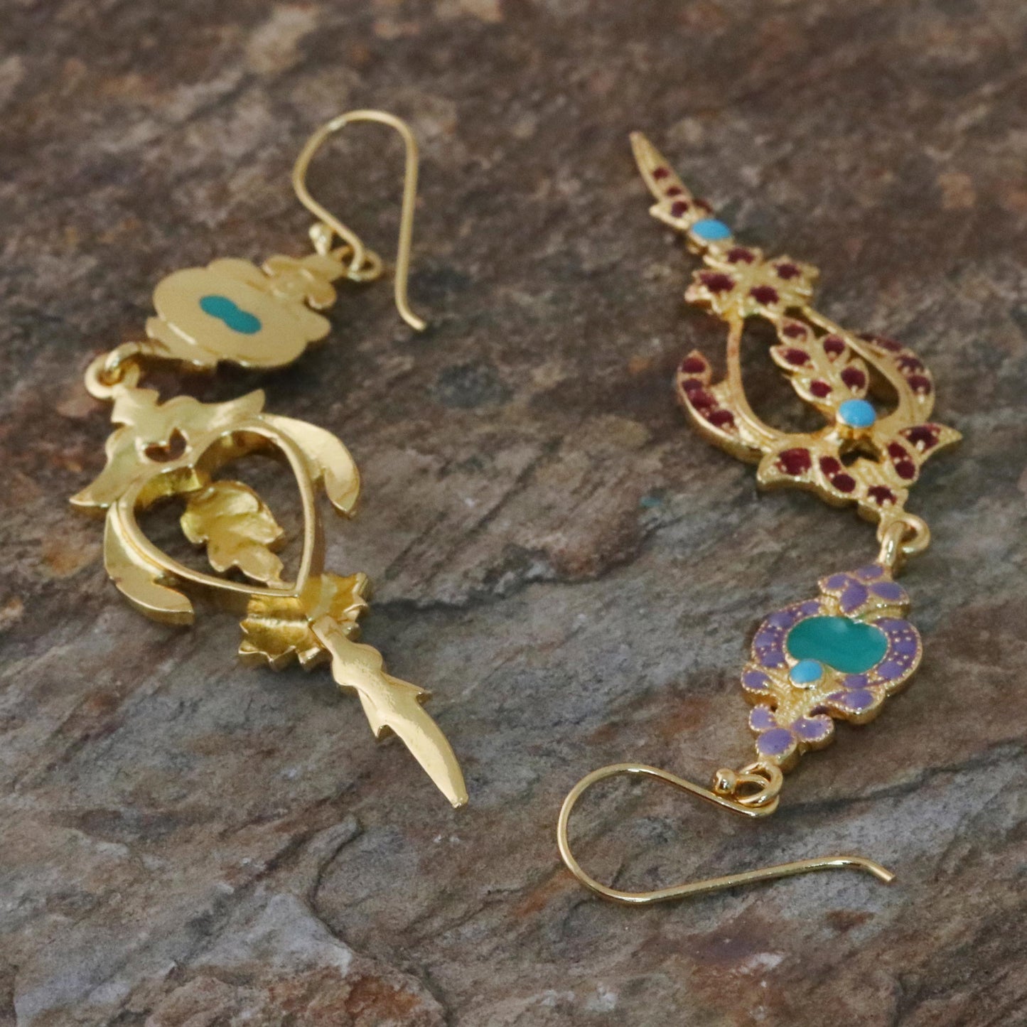 Thai Succulence Gold Plated Brass Earrings in Purple and Red from Thailand