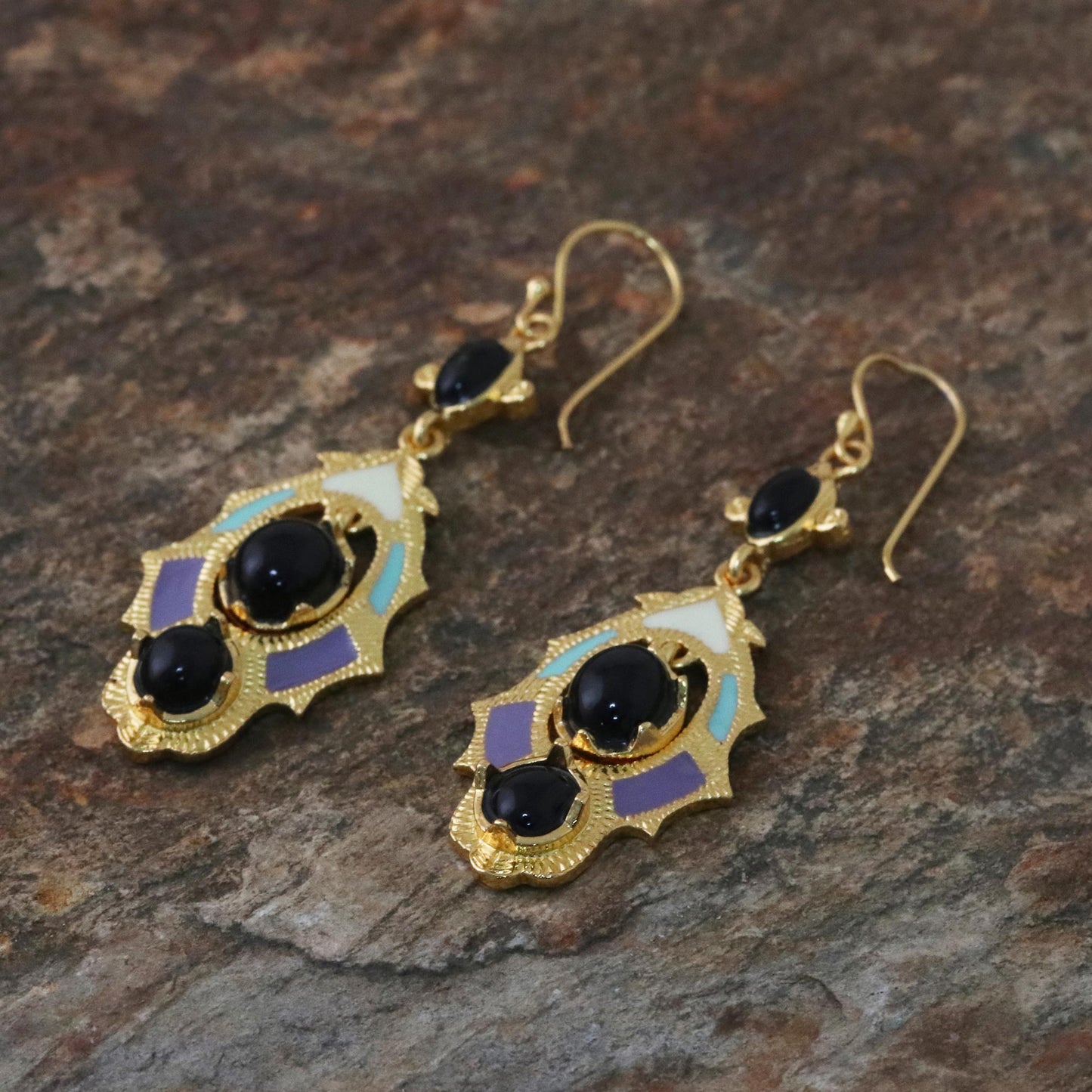 Ornate Thai Gold Plated Brass and Resin Colorful Earrings from Thailand