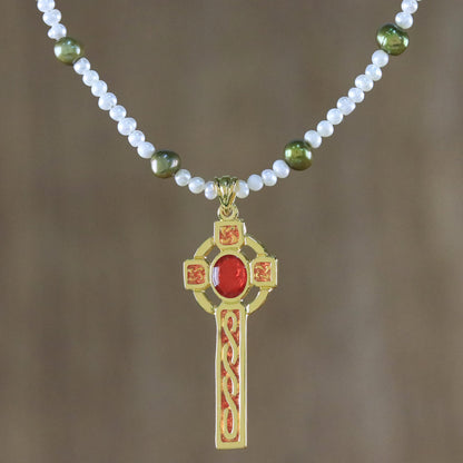 Faithful Soul in Red Gold Plated Cultured Pearl Red Cross Necklace from Thailand