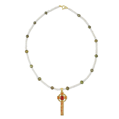 Faithful Soul in Red Gold Plated Cultured Pearl Red Cross Necklace from Thailand