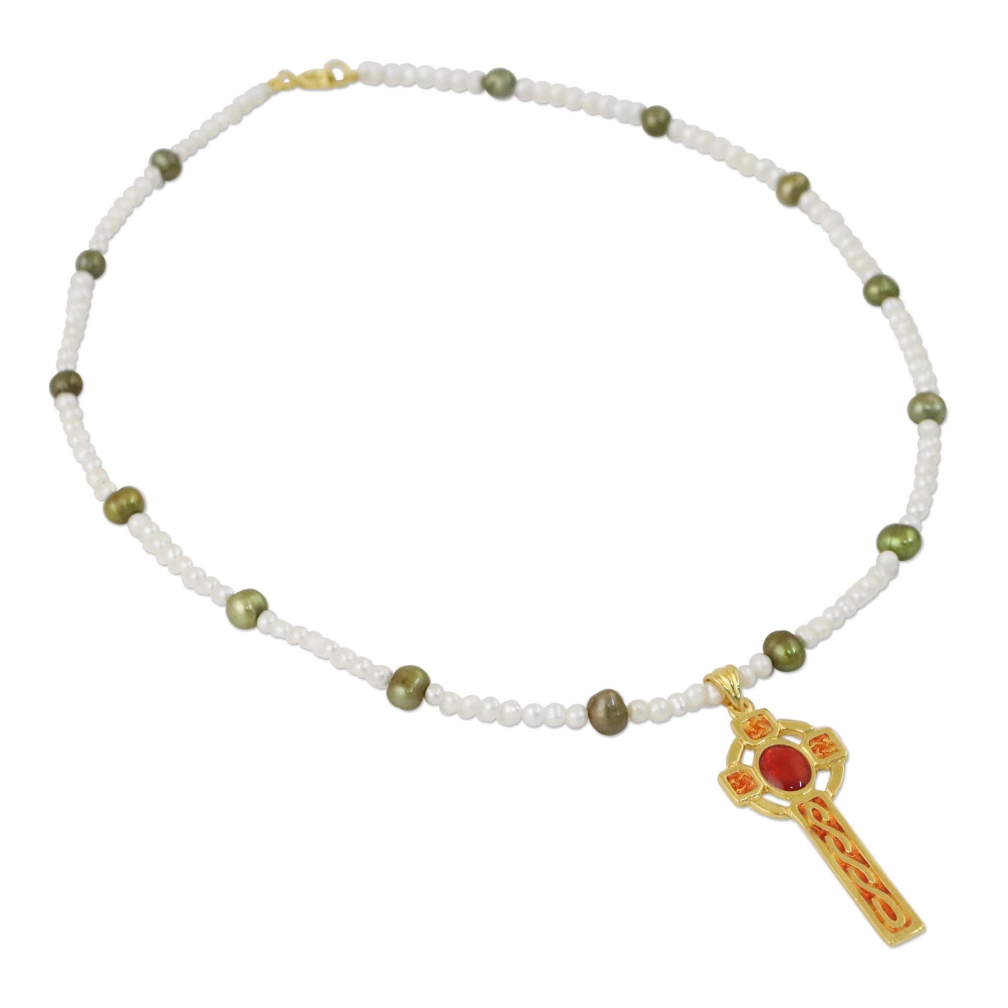 Faithful Soul in Red Gold Plated Cultured Pearl Red Cross Necklace from Thailand