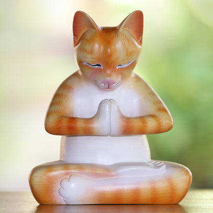 Meditating Kitty in Orange Wood Meditating Cat Statuette in Orange and White from Bali