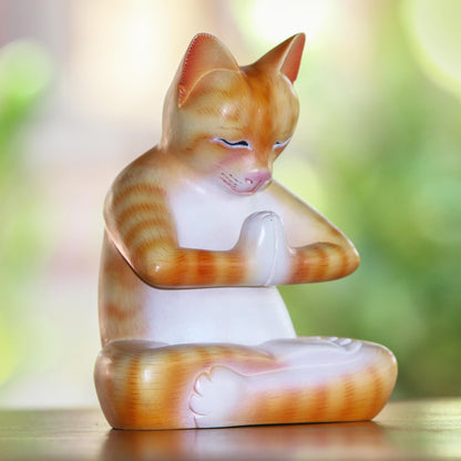 Meditating Kitty in Orange Wood Meditating Cat Statuette in Orange and White from Bali