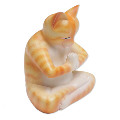 Meditating Kitty in Orange Wood Meditating Cat Statuette in Orange and White from Bali