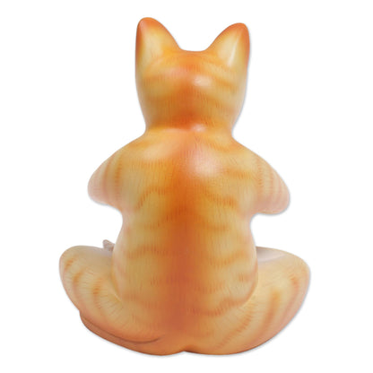 Meditating Kitty in Orange Wood Meditating Cat Statuette in Orange and White from Bali