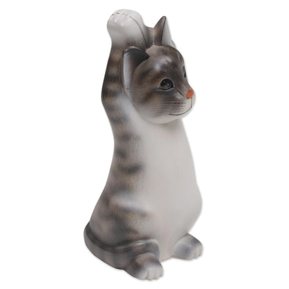 Skyward Paws Whimsical Wood Cat Sculpture in Grey and White from Bali