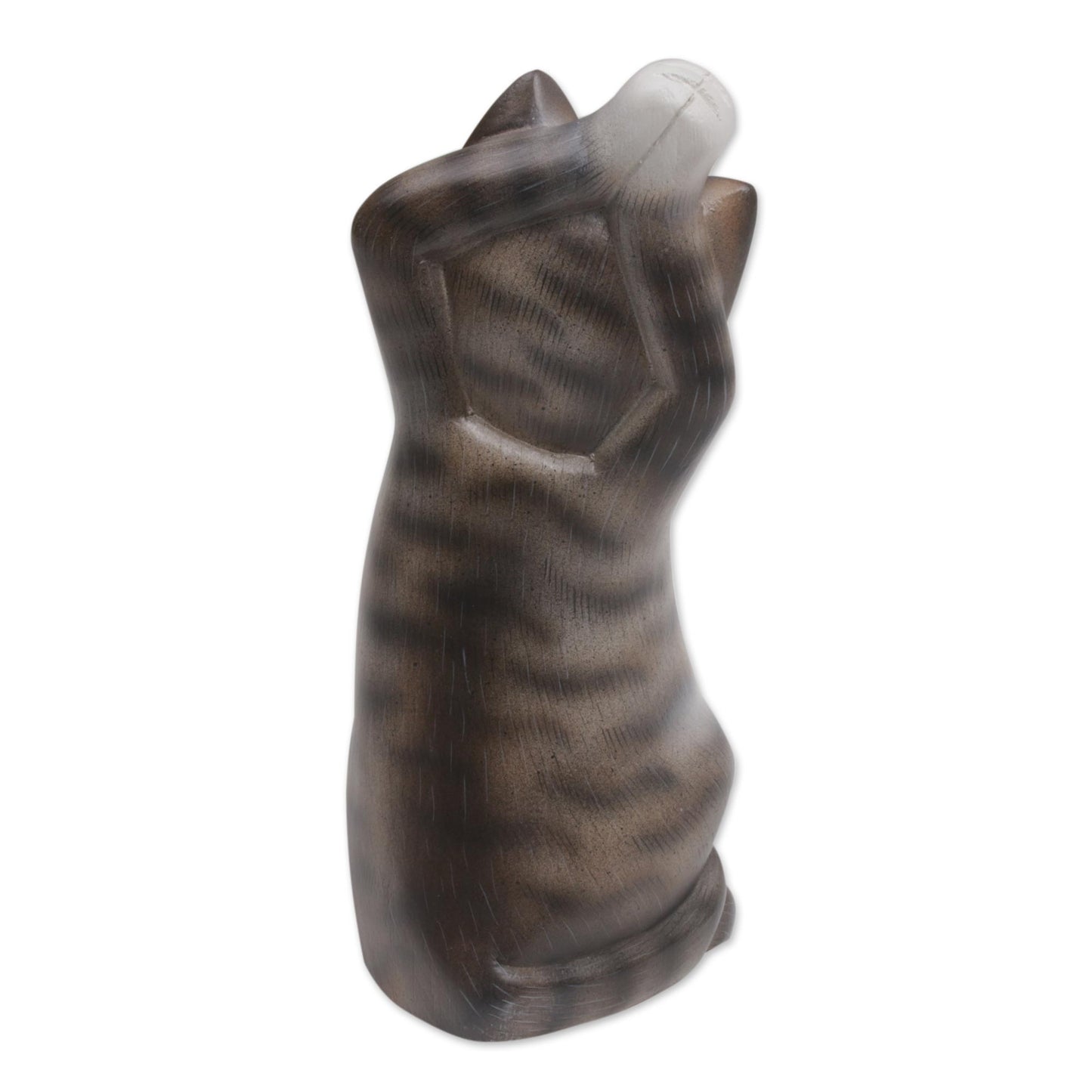 Skyward Paws Whimsical Wood Cat Sculpture in Grey and White from Bali