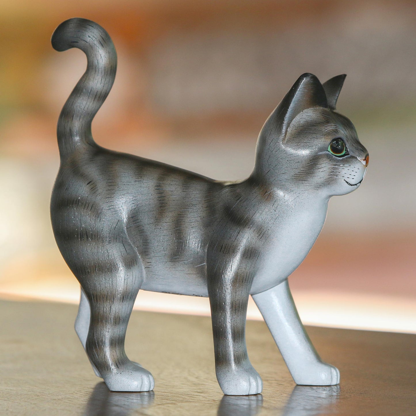 Curious Kitten Standing Wood Cat Sculpture in Grey and White from Bali