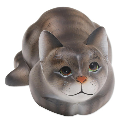 Resting Kitty Resting Wood Cat Sculpture in Grey and White from Bali