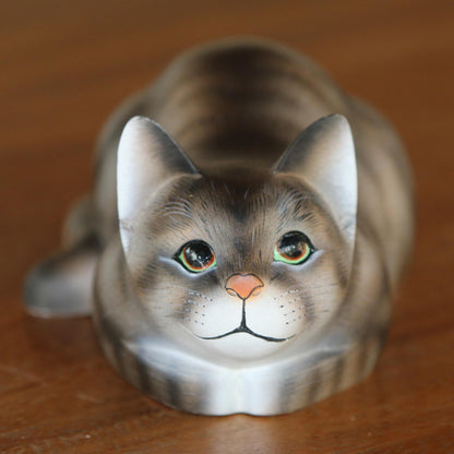 Resting Kitty Resting Wood Cat Sculpture in Grey and White from Bali