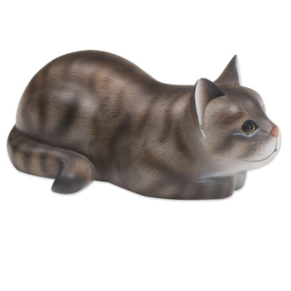 Resting Kitty Resting Wood Cat Sculpture in Grey and White from Bali