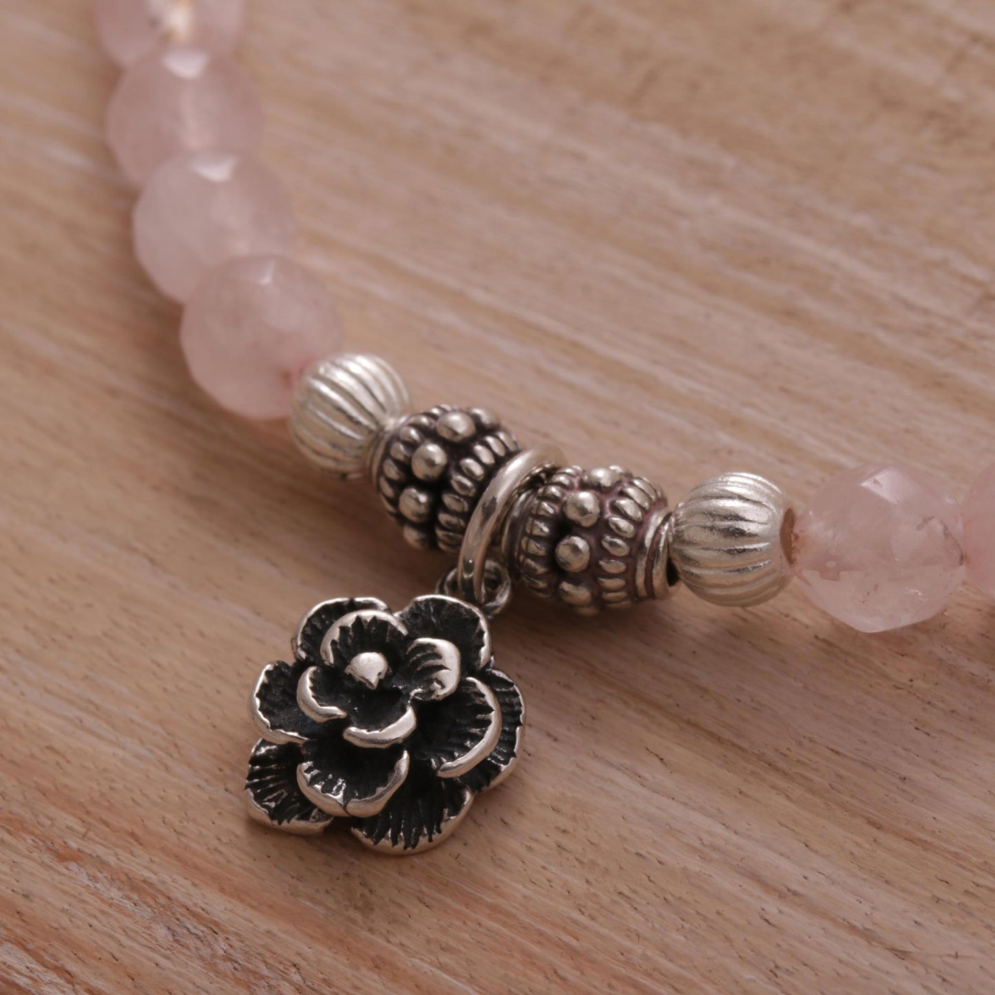 Still Rose Rose Quartz and Flower Charm Beaded Bracelet from Bali