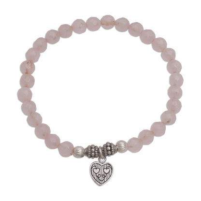 Sentimental Charm Rose Quartz 925 Silver Heart Charm Bracelet from Bali