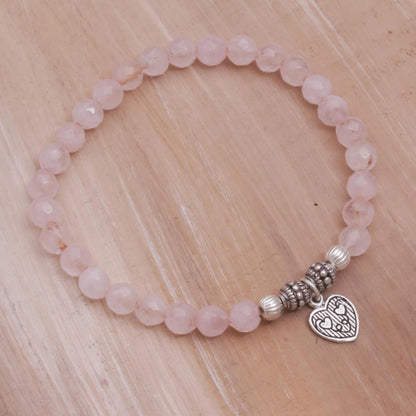 Sentimental Charm Rose Quartz 925 Silver Heart Charm Bracelet from Bali