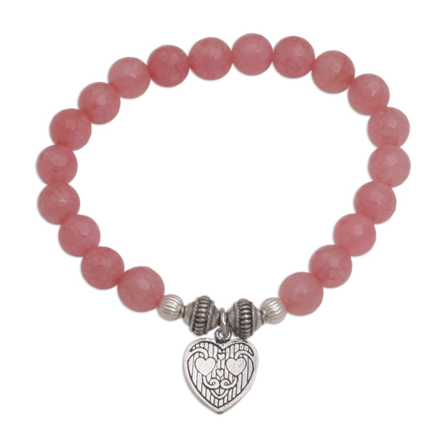 Sentimental Charm Pink Agate and Heart Charm Beaded Bracelet from Bali