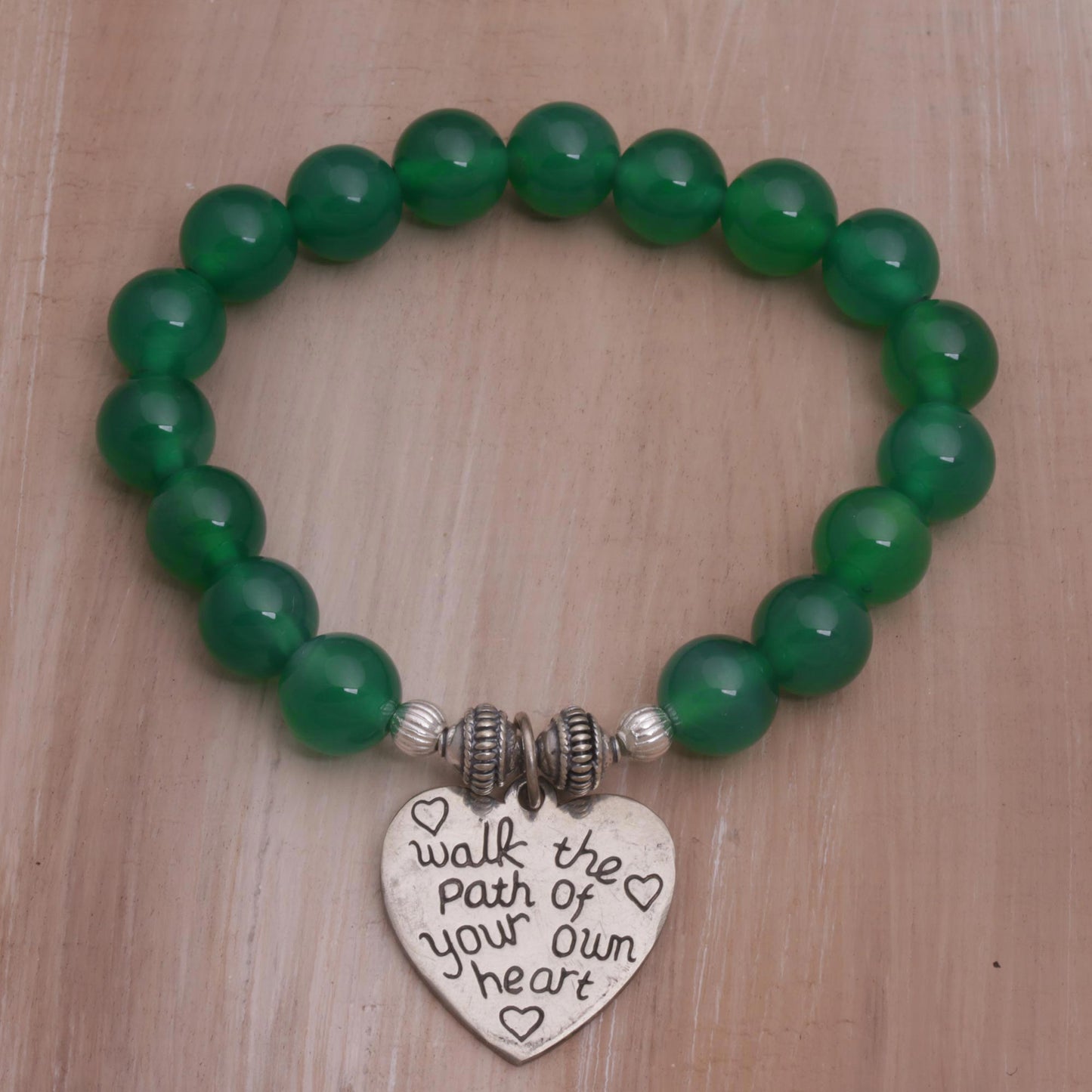 Path of Love Green Agate and Heart Charm Beaded Bracelet from Bali