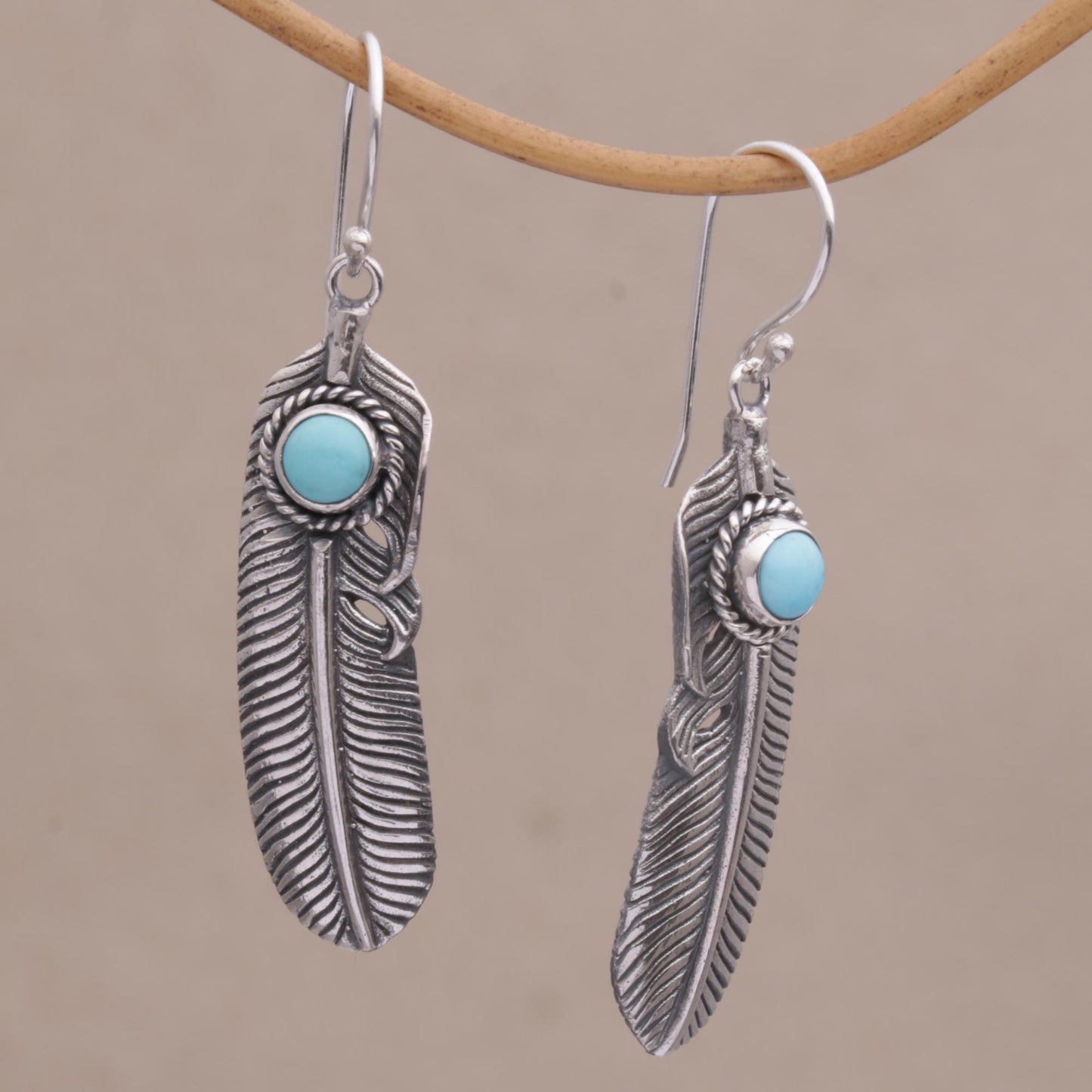 Turquoise Transcendence Turquoise and 925 Silver Feather Dangle Earrings from Bali