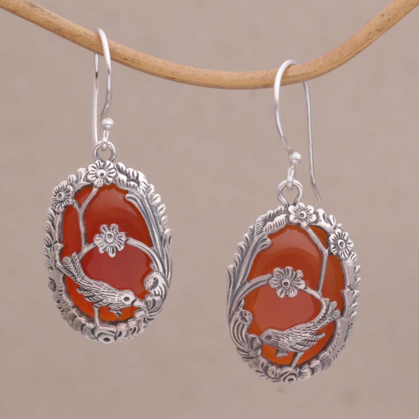 Avian Curiosity Carnelian and 925 Silver Bird Dangle Earrings from Bali