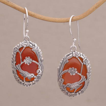Avian Curiosity Carnelian and 925 Silver Bird Dangle Earrings from Bali