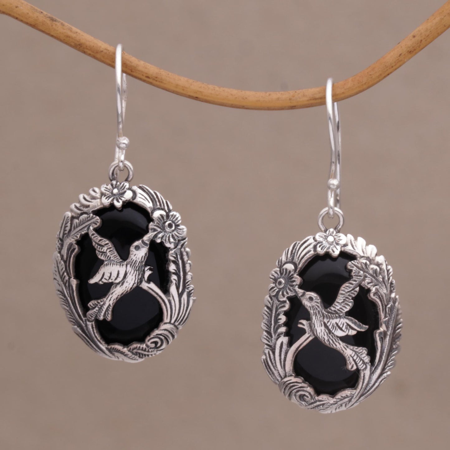 Nature's Freedom Onyx and 925 Silver Bird-Themed Dangle Earrings from Bali