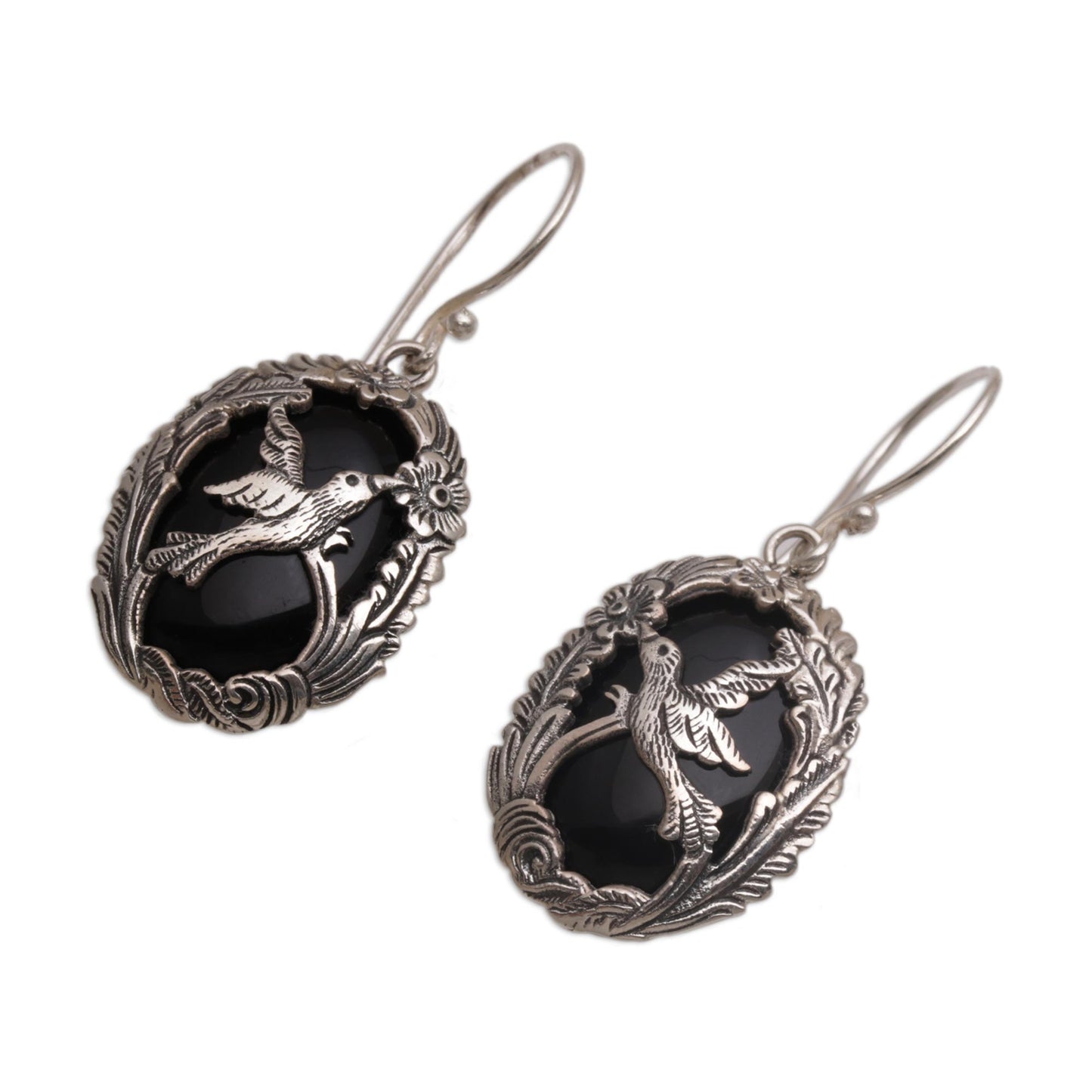 Nature's Freedom Onyx and 925 Silver Bird-Themed Dangle Earrings from Bali