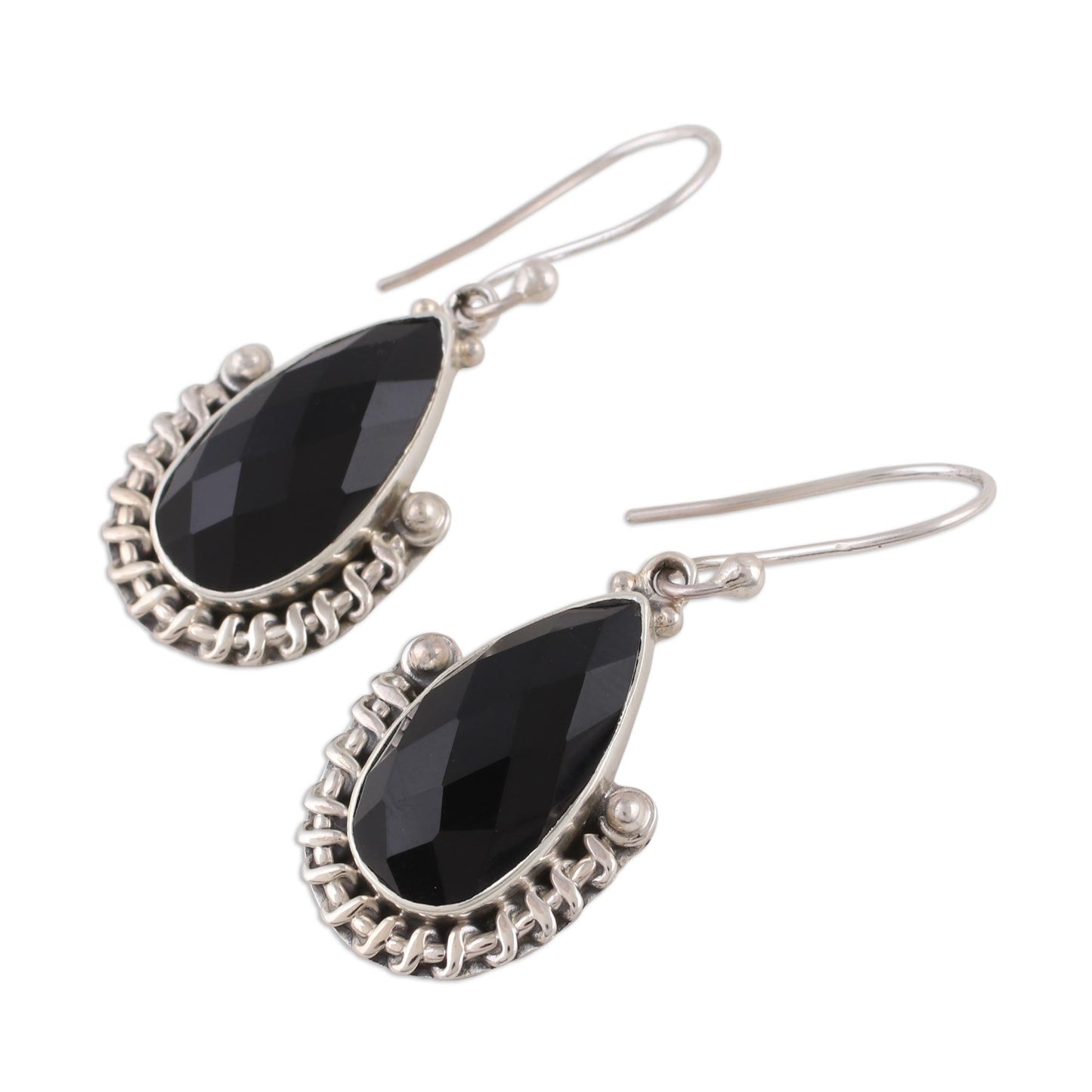 Magical Night Handmade Onyx and Sterling Silver Dangle Earrings from India