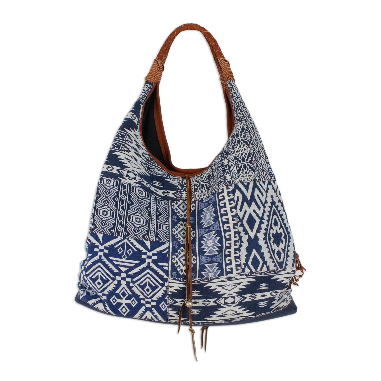 Lapis Geometry Leather Accent Cotton Blend Hobo Bag in Lapis and White