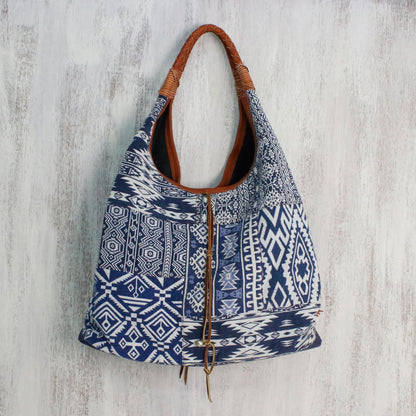 Lapis Geometry Leather Accent Cotton Blend Hobo Bag in Lapis and White