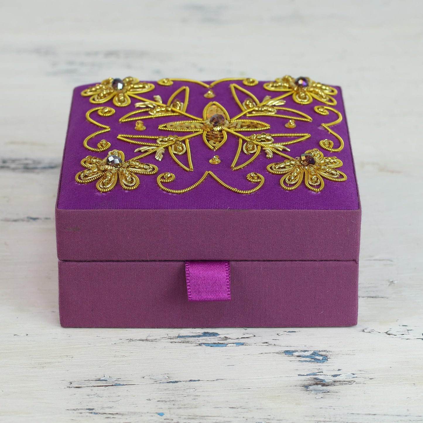 Purple Glamour Purple Cotton Covered Wood Decorative Box with Embroidery