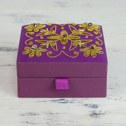 Purple Glamour Purple Cotton Covered Wood Decorative Box with Embroidery