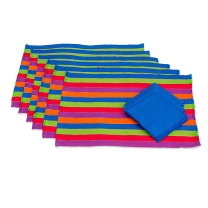 Harvest Trails Six Multicolored Striped Cotton Placemats and Napkins